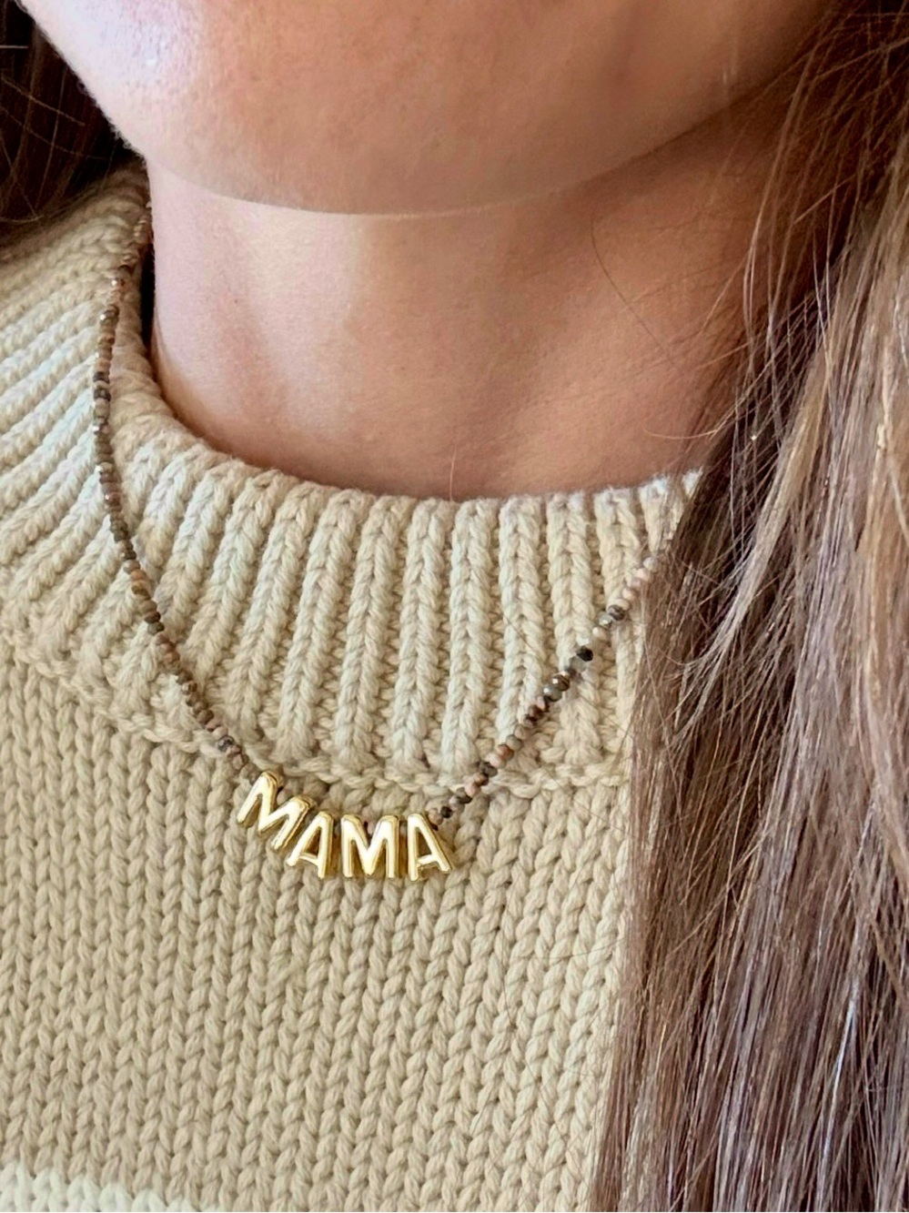 MAMA Bubble Letter Necklace Gold Filled Rhodonite Tiny Bead Minimalist Necklace
